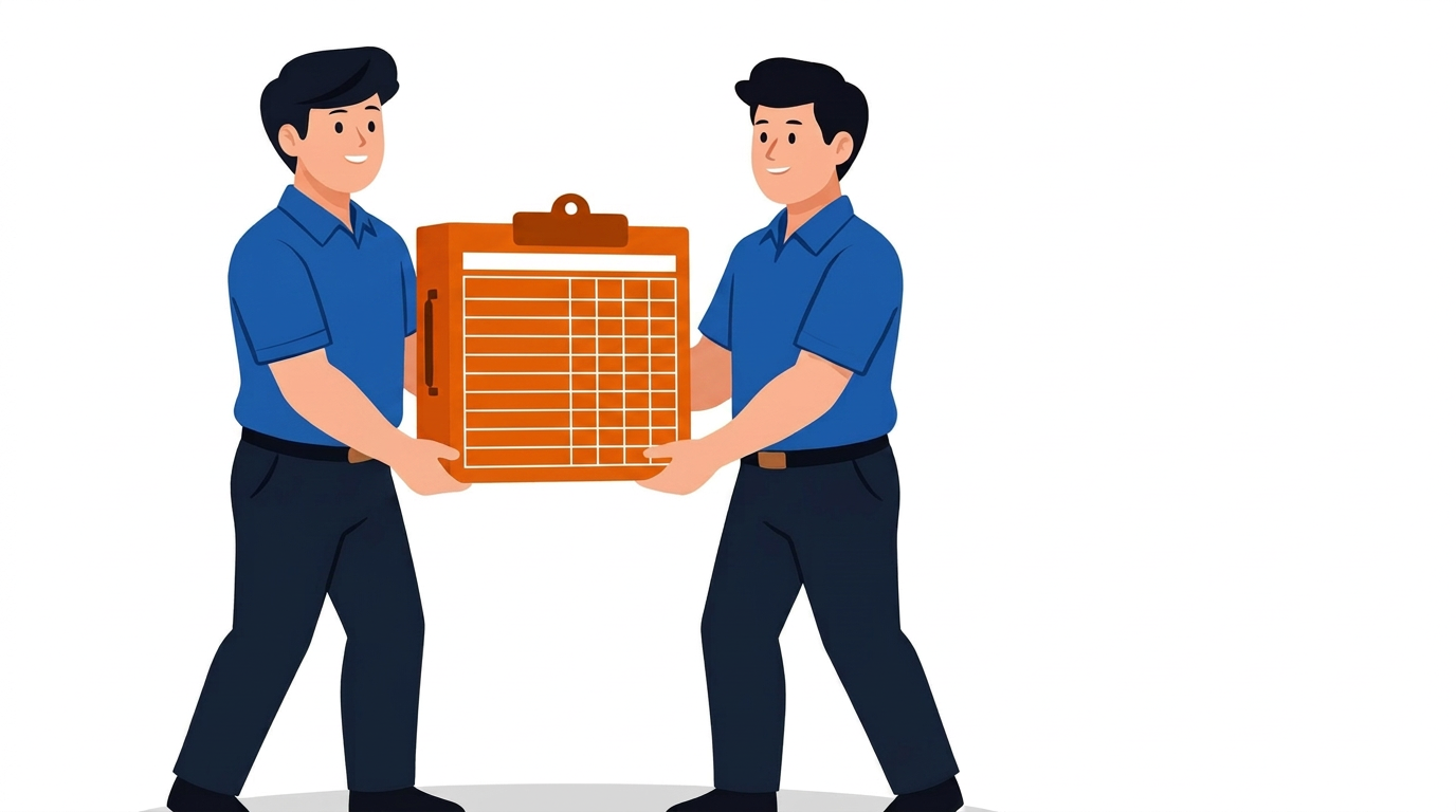 Illustration of two workers carrying an attendance register
